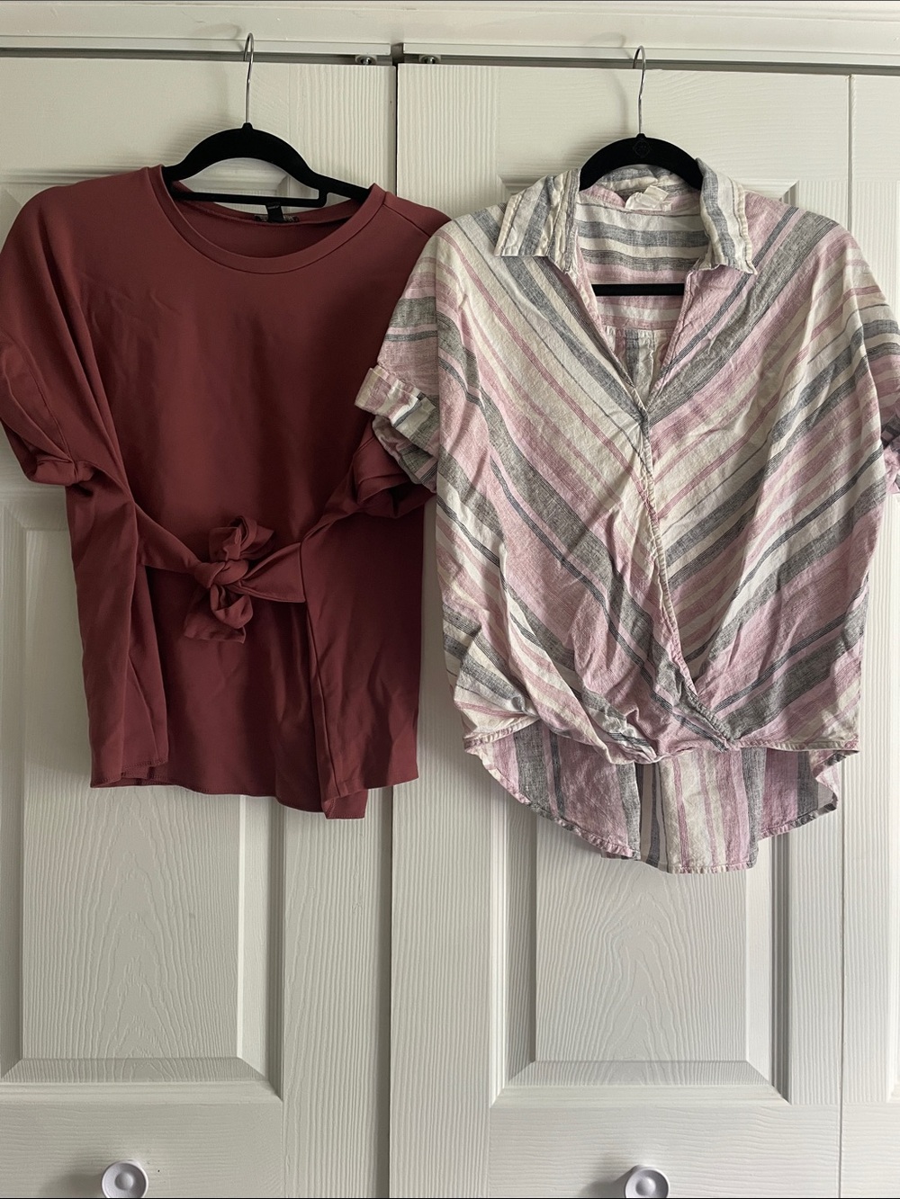 Express Top and LOFT Striped Button Shirt - Mauve & Pink/Gray Stripes